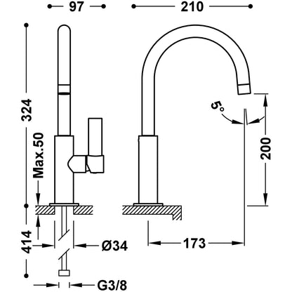 PROJECT-TRES baterie monocomandă pentru lavoar pe blat, pipă tip C, 21190501 crom lucios