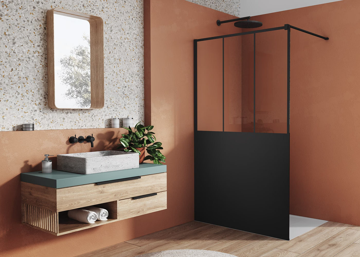 EASY STR4P LOFT 69 - Paravan duș Ronal cu profil compensator de fixare, sticlă transparentă, profil negru mat