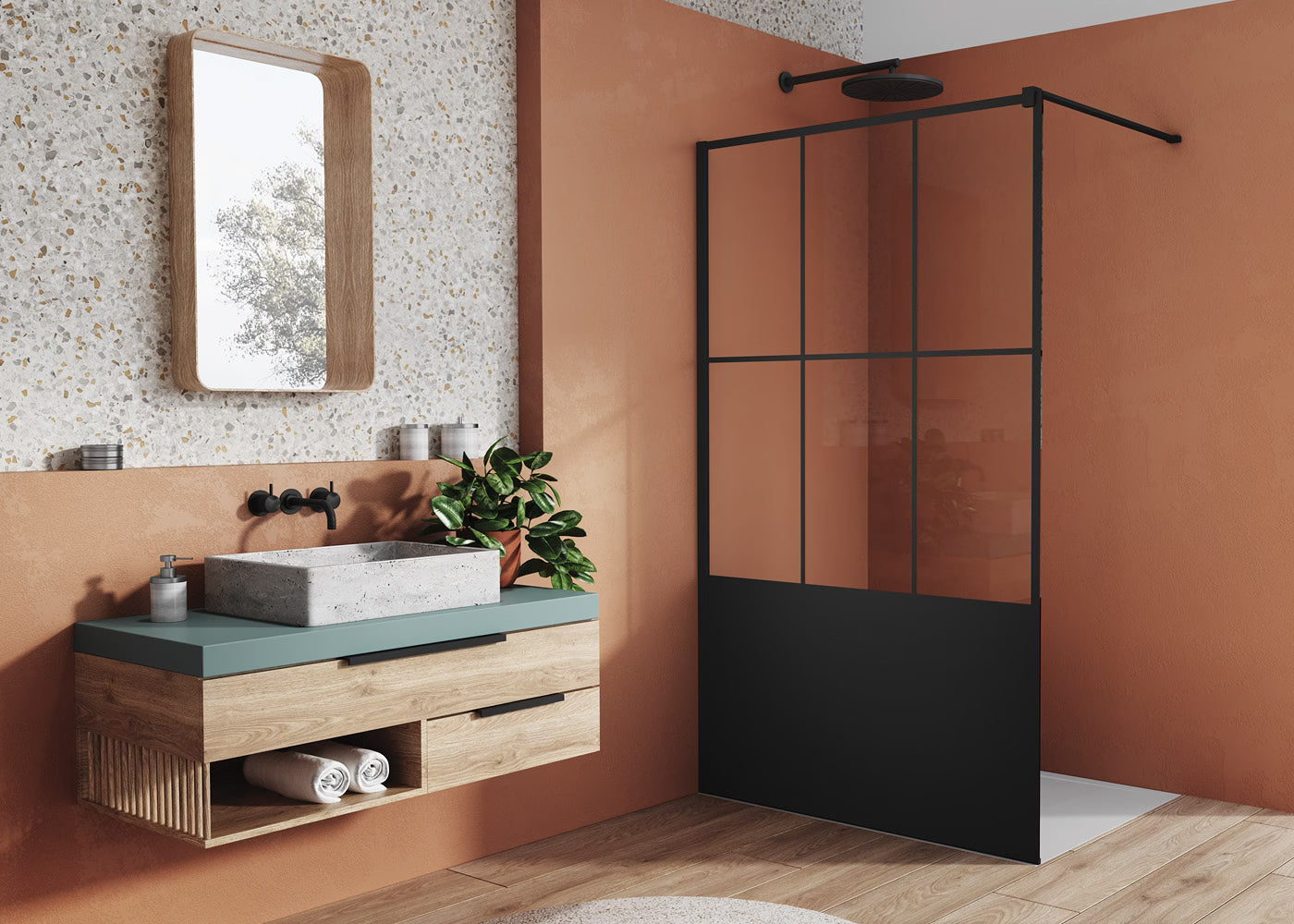 EASY STR4P LOFT 76 - Paravan duș Ronal cu profil compensator de fixare, sticlă transparentă, profil negru mat