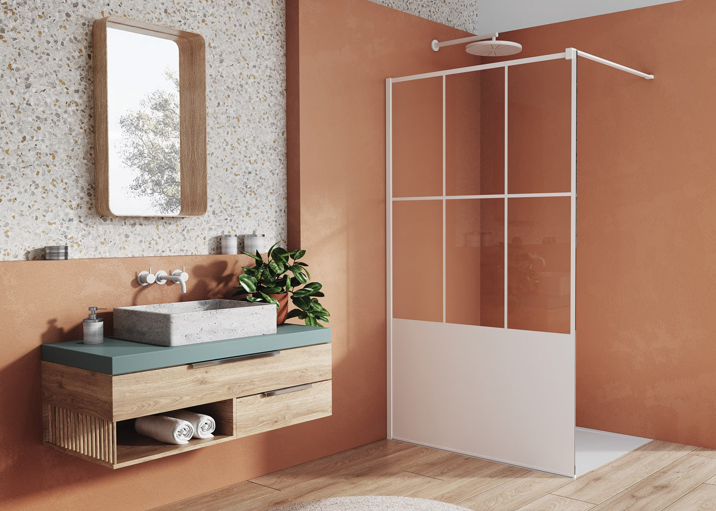 EASY STR4P LOFT 76 - Paravan duș Ronal cu profil compensator de fixare, sticlă transparentă, profil alb mat