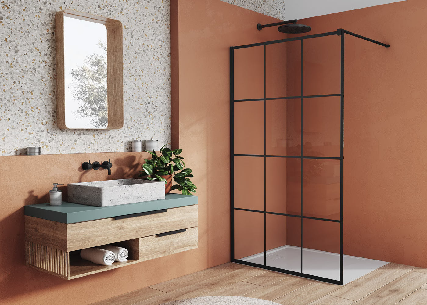 EASY STR4P LOFT 75 - Paravan duș Ronal cu profil compensator de fixare, sticlă transparentă, profil negru mat