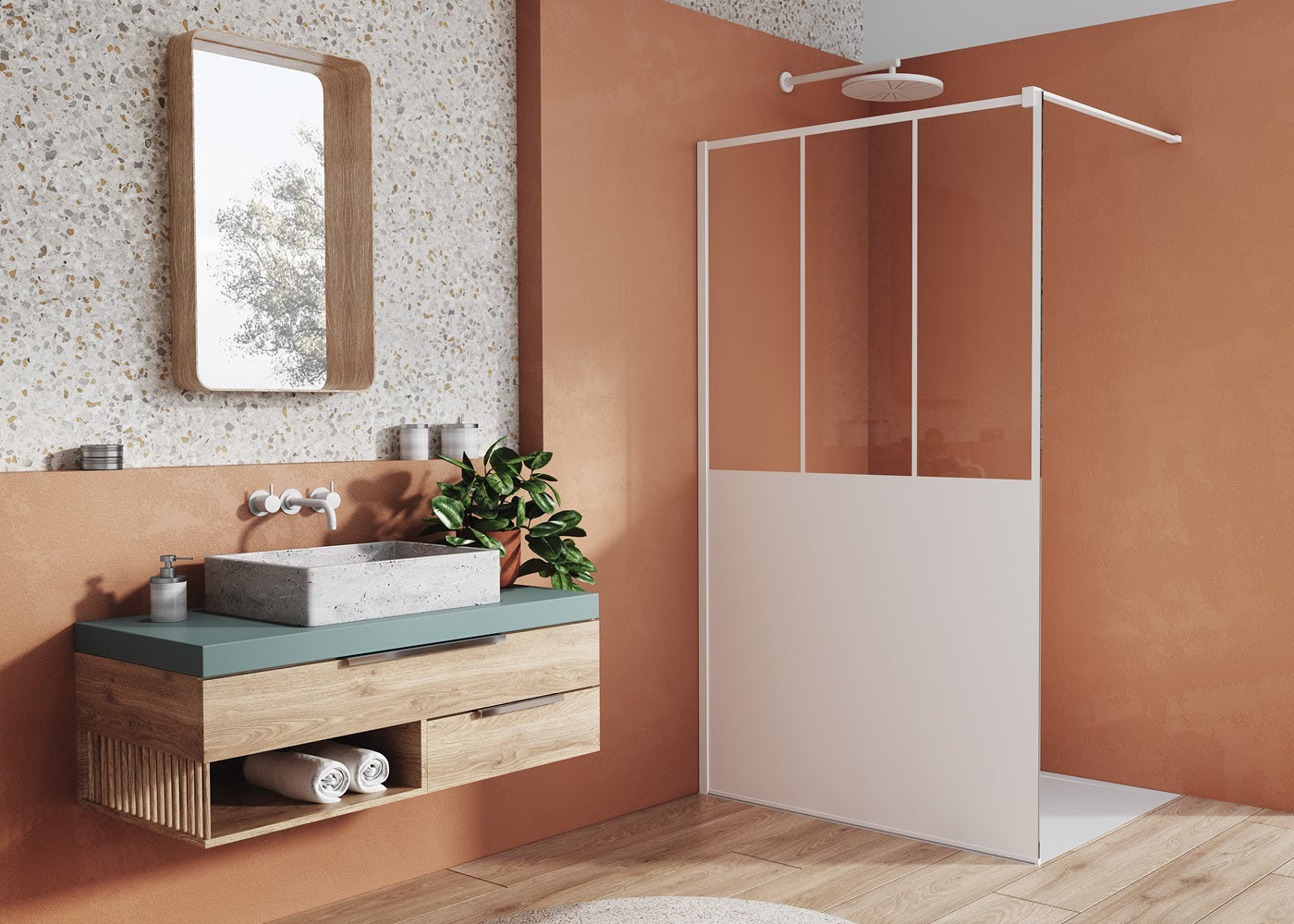 EASY STR4P LOFT 69 - Paravan duș Ronal cu profil compensator de fixare, sticlă transparentă, profil alb mat