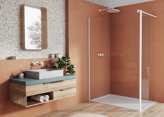 EASY STR4P – Paravan duș Ronal cu profil compensator de fixare + parte mobilă laterală la 90° 421 mm, sticlă transparentă, profil alb mat