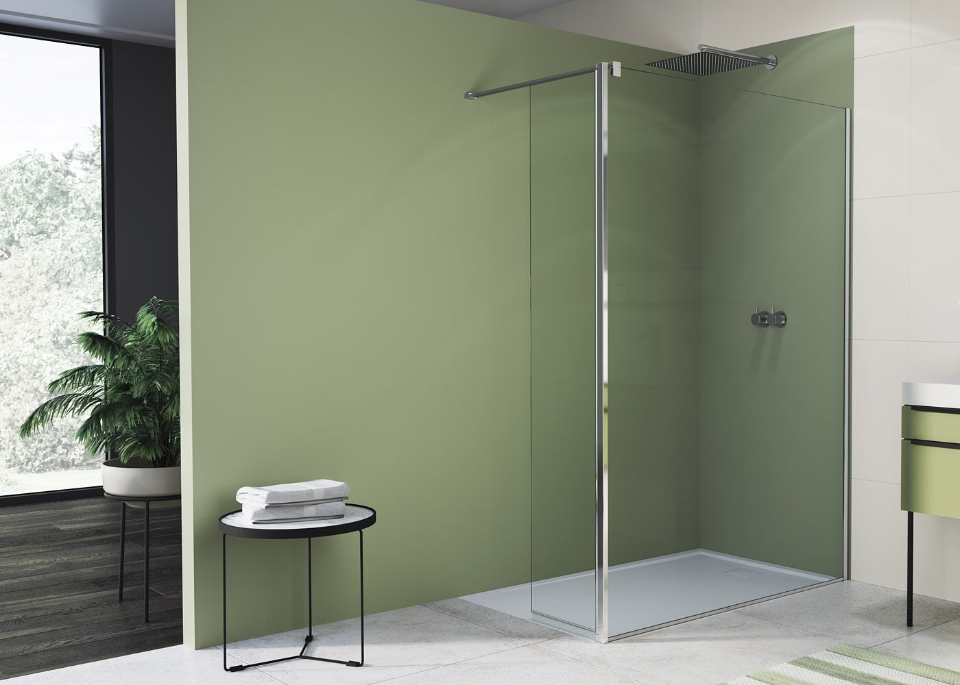 EASY STR4P – Paravan duș Ronal cu profil compensator de fixare + parte mobilă laterală la 90° 421 mm, sticlă transparentă, profil crom lucios