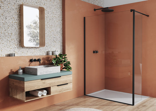 EASY STR4P – Paravan duș Ronal cu profil compensator de fixare + parte mobilă laterală la 90° 421 mm, sticlă transparentă, profil negru mat